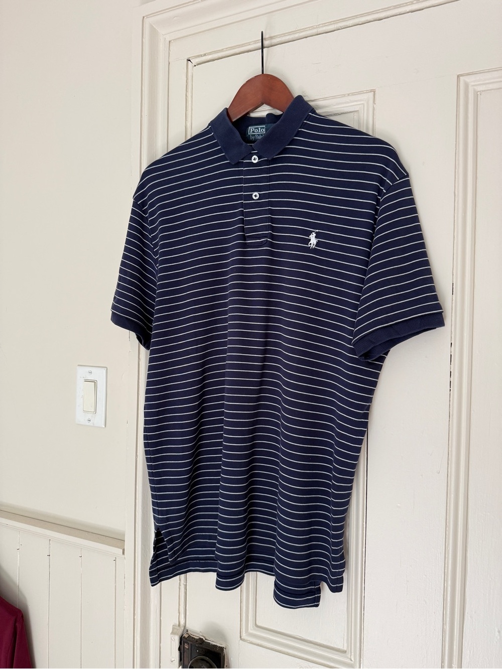 Ralph Lauren Men’s Navy and White Striped Polo Shirt. White Pony. Sz Med. GREAT!
